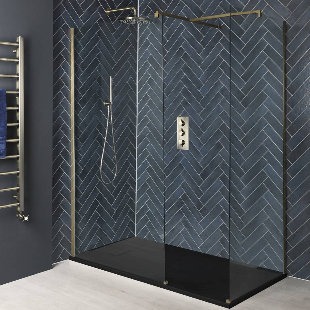 Douche italienne d’angle avec receveur à effet texturé – Tailles multiples – Or brossé - Alice